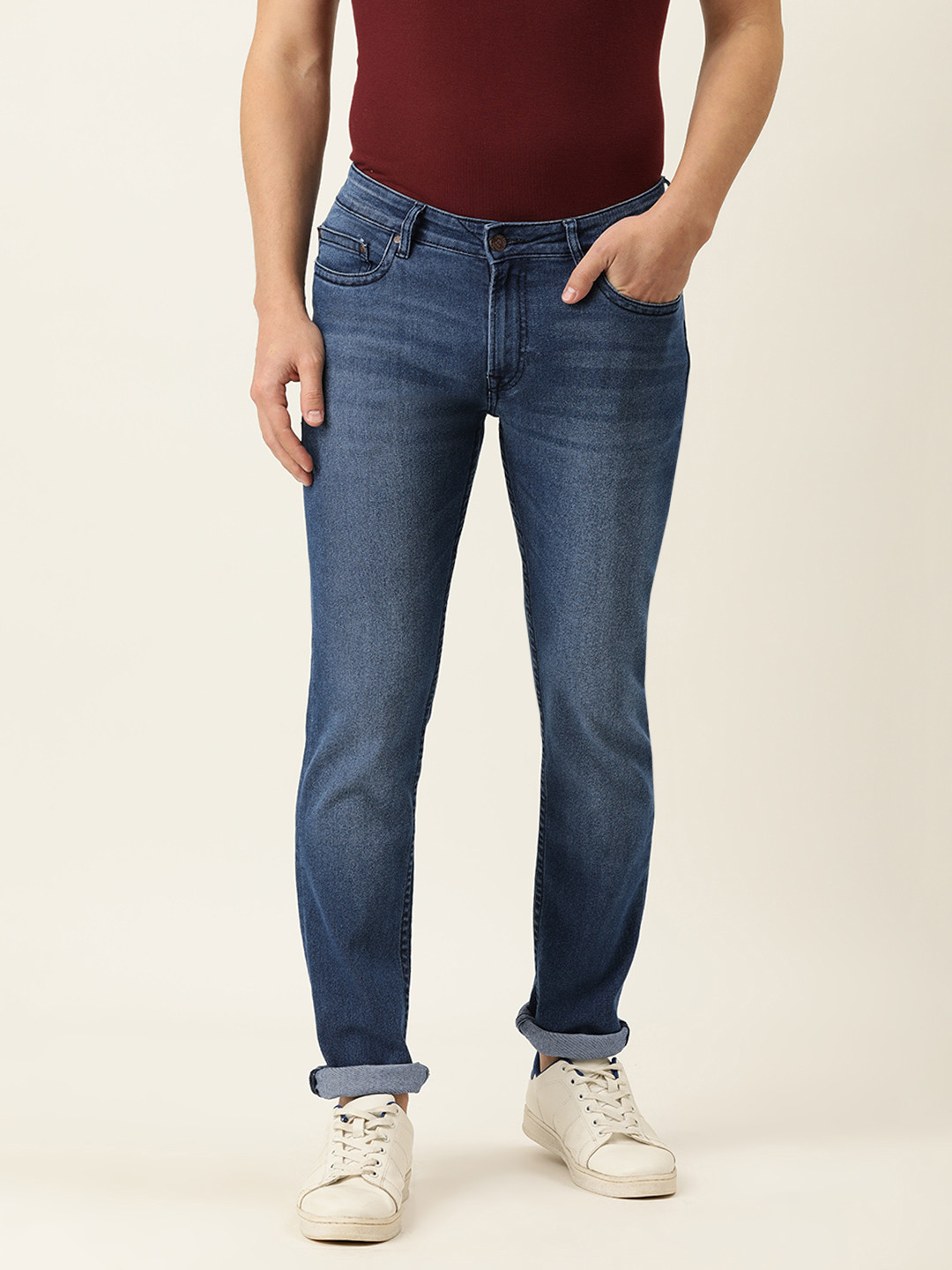 Buy PETER ENGLAND UNIVERSITY Men Blue Slim Tapered Fit Light Fade