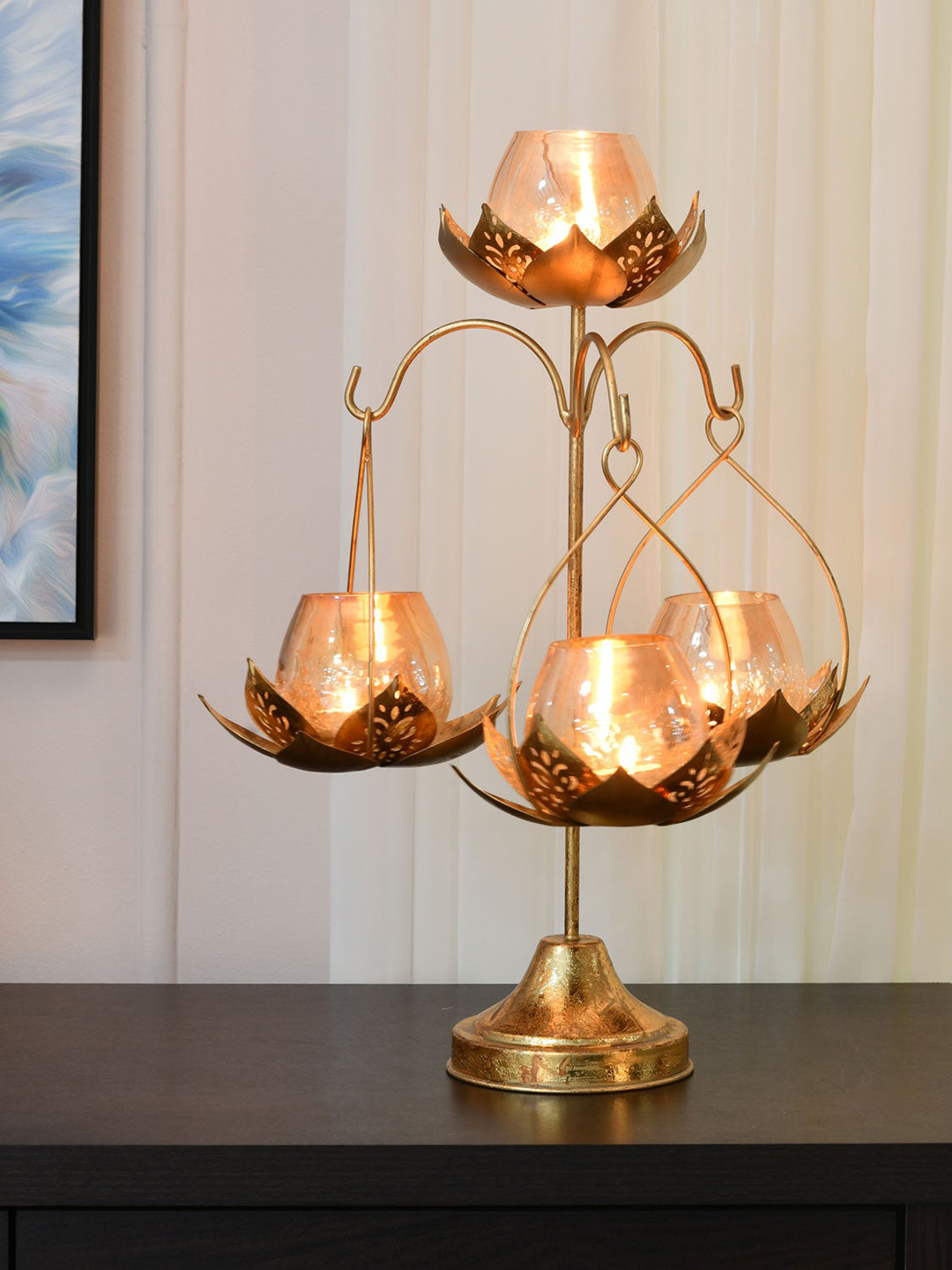 Buy Athome By Nilkamal Gold Toned Lotus Hanging Candle Stand Candle