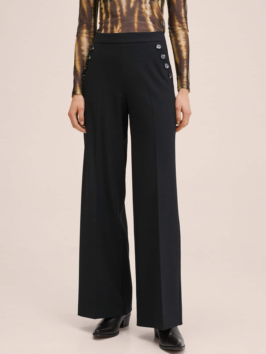 Buy MANGO Women Black Solid Wide Leg Trousers Trousers for Women