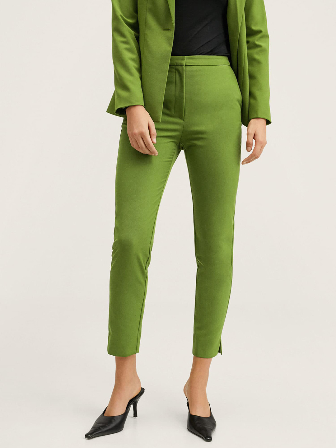 Buy MANGO Women Green Solid Slim Fit Cropped Trousers Trousers for