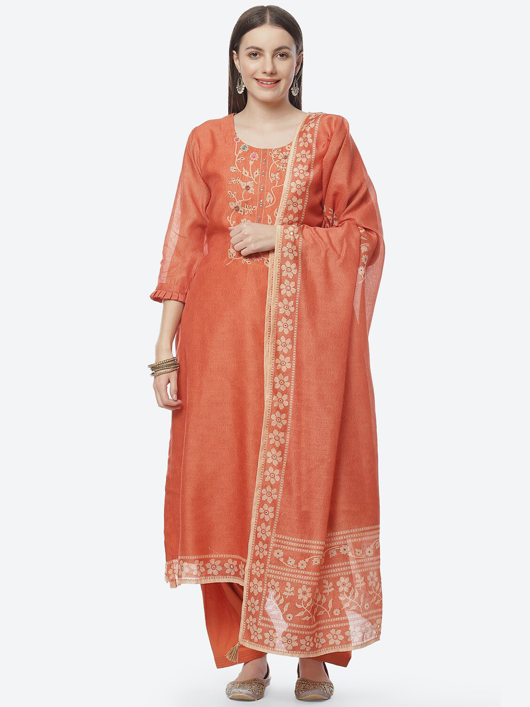 Buy Biba Women Orange Floral Embroidered Unstitched Dress Material Dress Material for Women