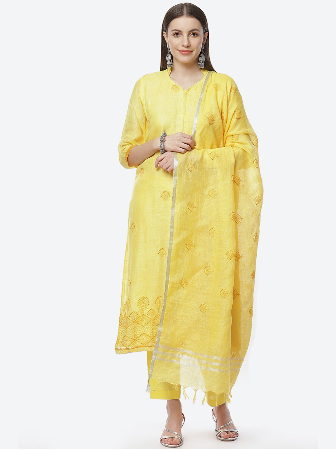 Buy Biba Yellow Embroidered Linen Unstitched Dress Material Dress Material for Women 16893626