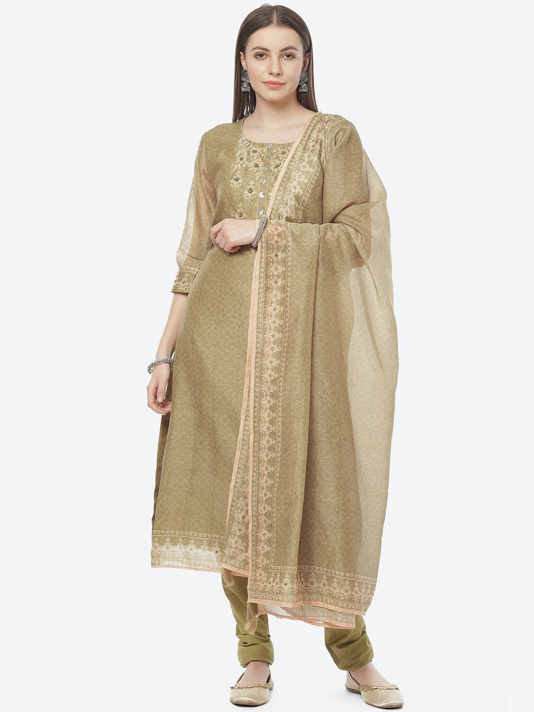 Buy Biba Green & Silver Toned Embroidered Unstitched Dress Material Dress Material for Women