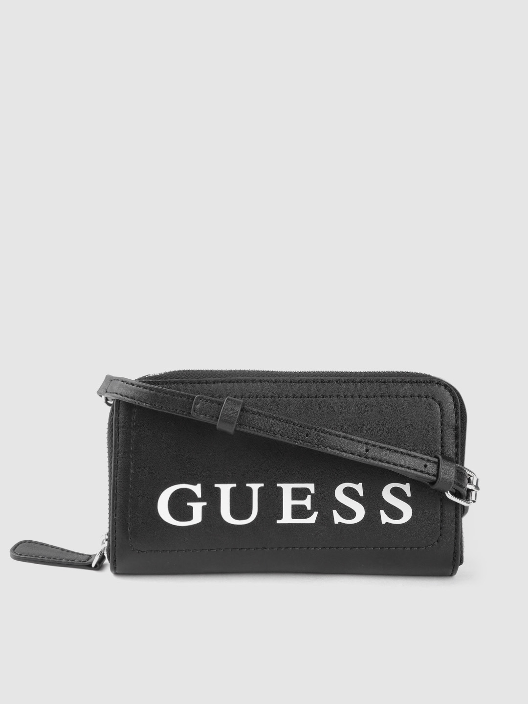 Buy GUESS Black & White Brand Logo Print Zip Around Wallet - Wallets ...