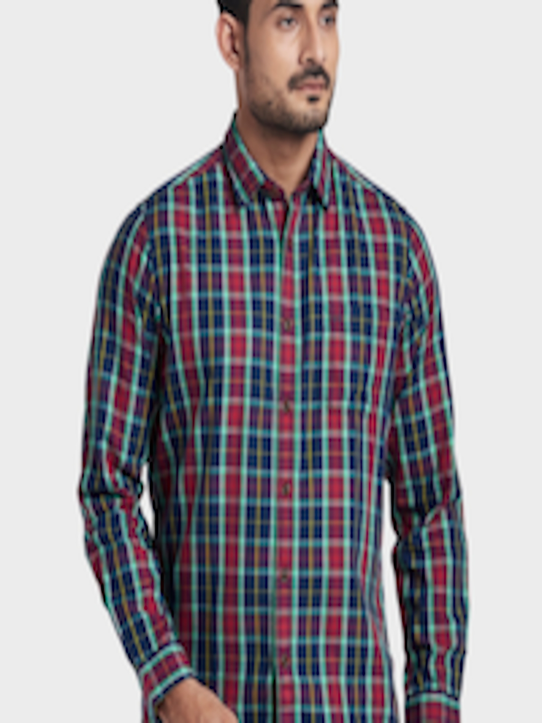 Buy ColorPlus Men Red & Green Checked Regular Fit Cotton Casual Shirt ...