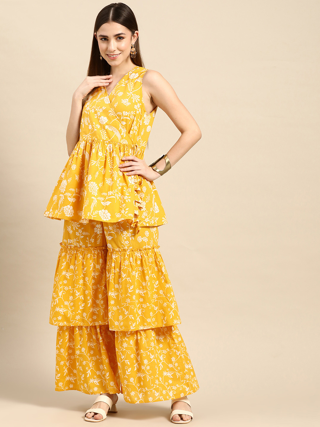 Buy Anouk Women Mustard Yellow & White Floral Printed Angrakha Pure