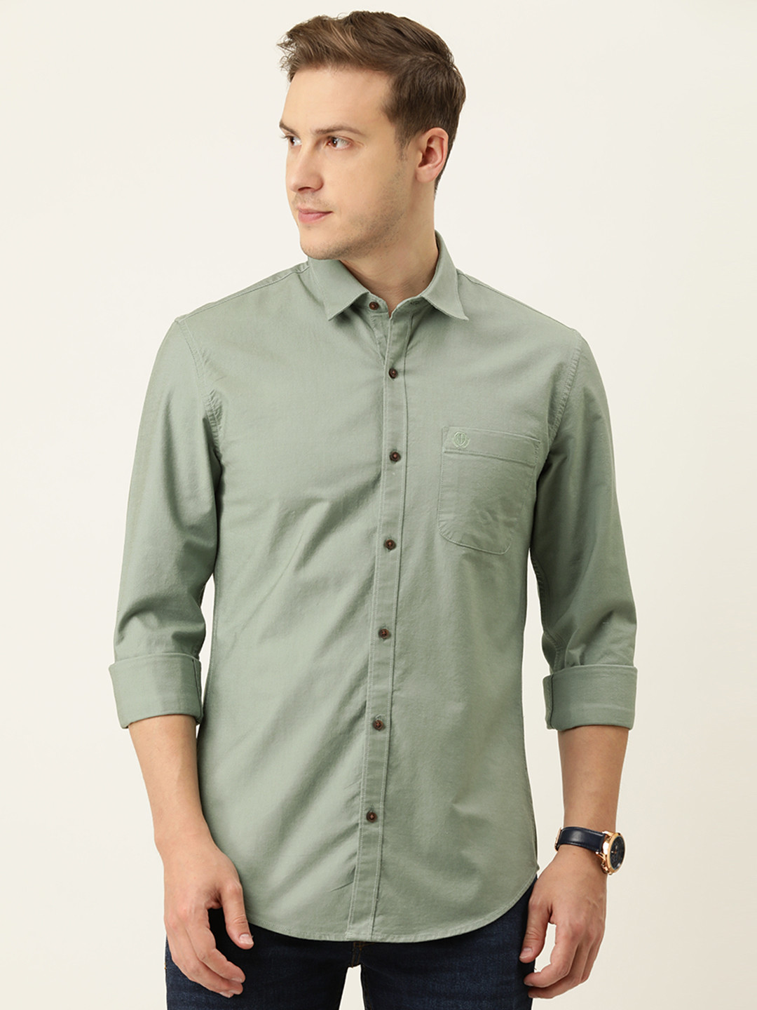 Buy PETER ENGLAND UNIVERSITY Men Olive Green Super Slim Fit Pure Cotton