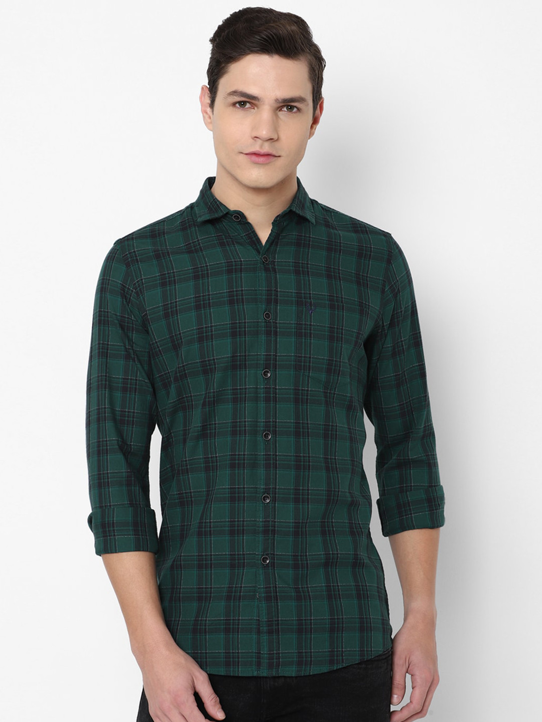 Buy Allen Solly Sport Men Green Tartan Checks Pure Cotton Regular Fit