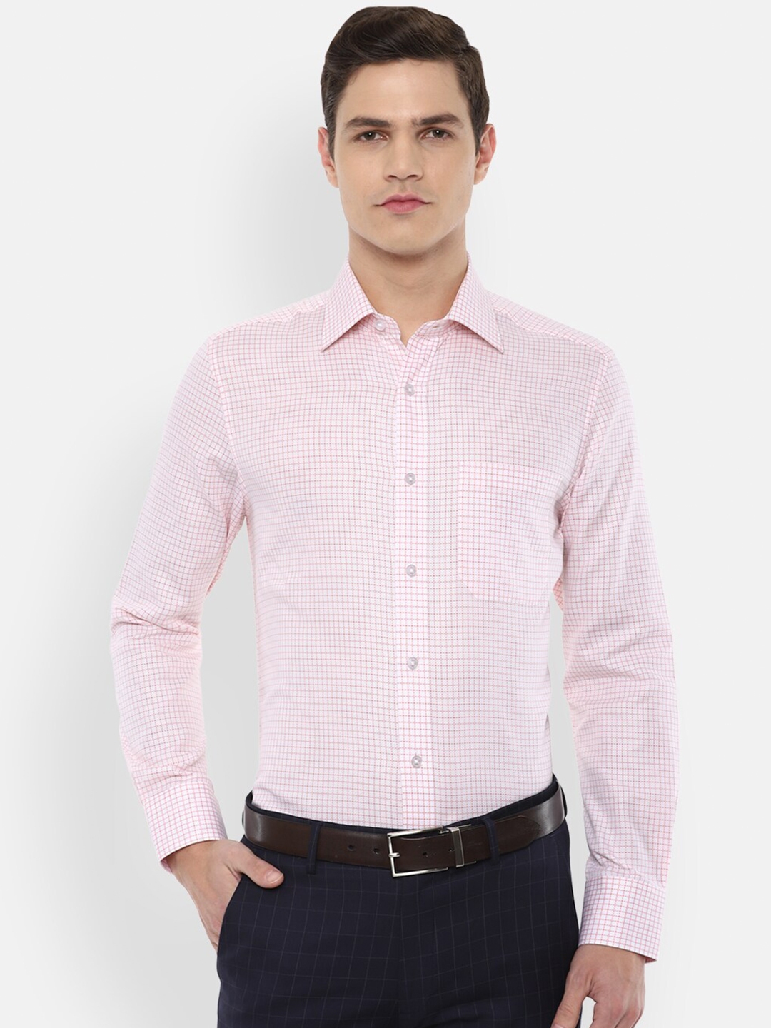 Buy Louis Philippe Men Pink Checked Pure Cotton Regular Fit Formal ...