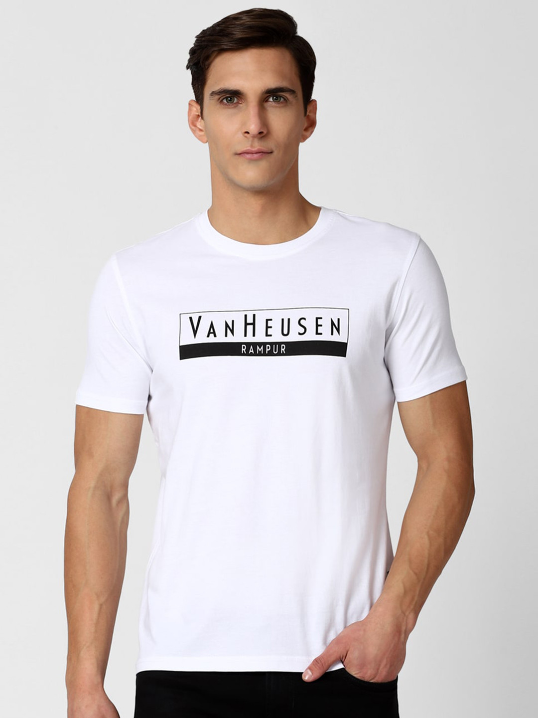 Buy Van Heusen Sport Men White & Black Typography Printed Pure Cotton T