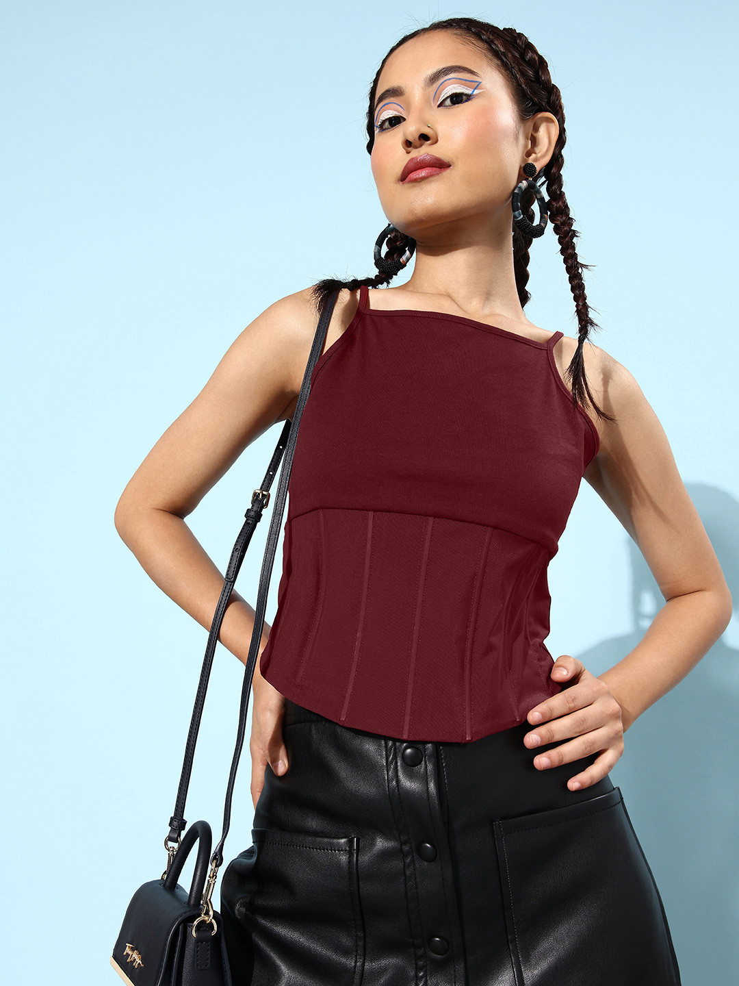 Women Maroon Floral Strappy Peplum Top