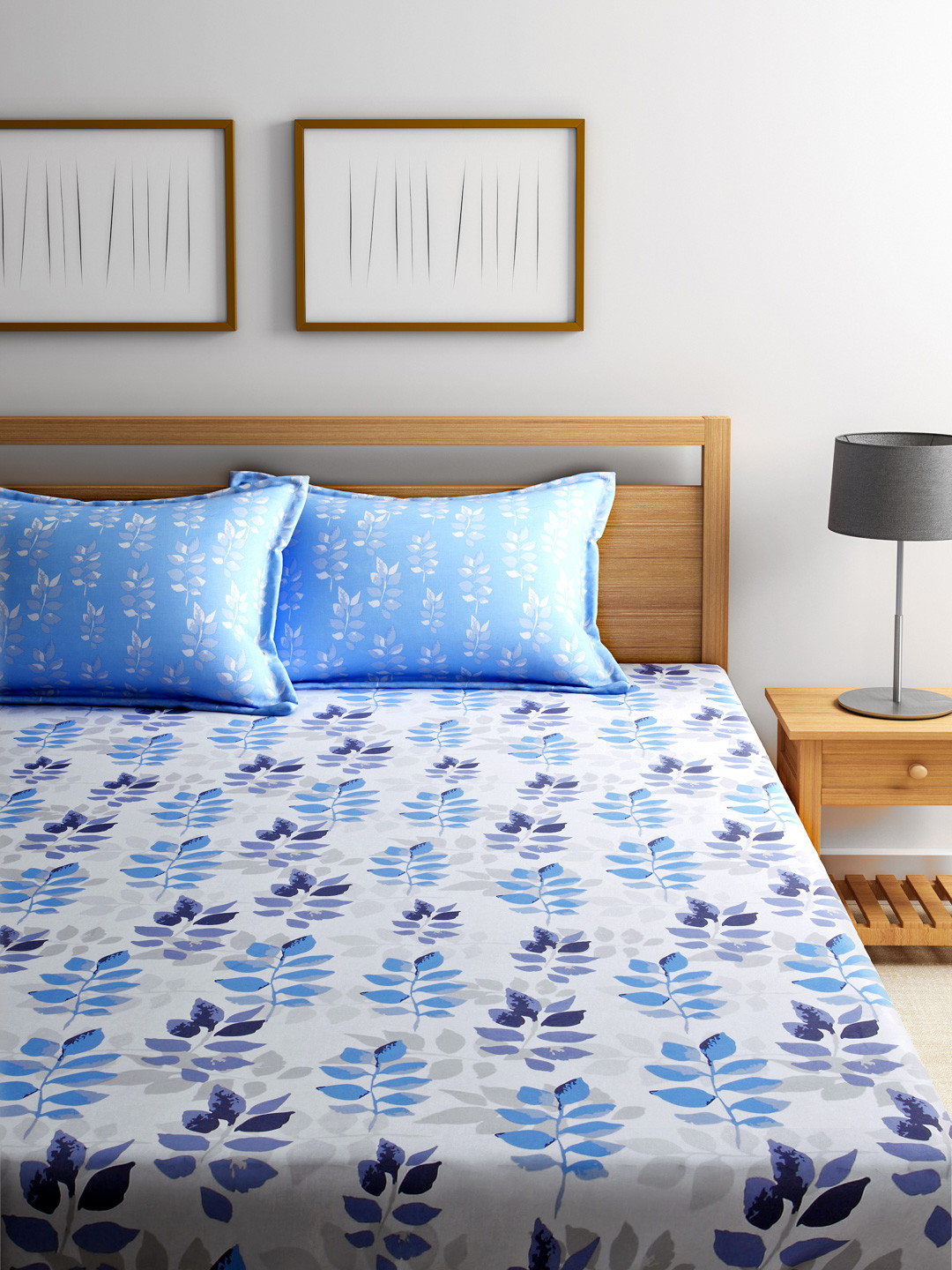 Buy Trident White & Blue Cotton 144 TC Double Bedsheet With 2 Pillow