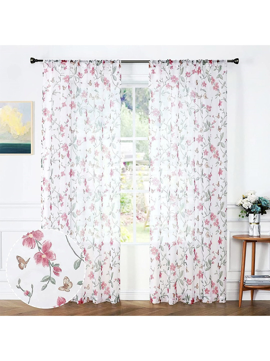 Buy URBAN SPACE Set Of 2 Pink & White Floral Printed Door Curtain