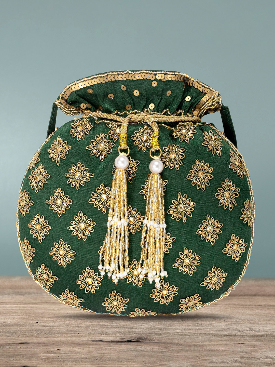 Buy Peora Women Green & Gold Embroidered Potli Clutches Clutches for