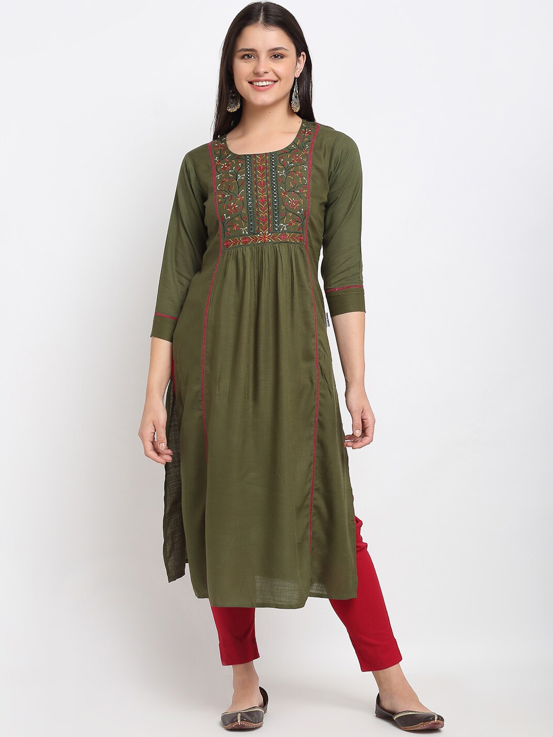 Buy Lovely Lady Women Olive Green Floral Embroidered Thread Work Kurta ...