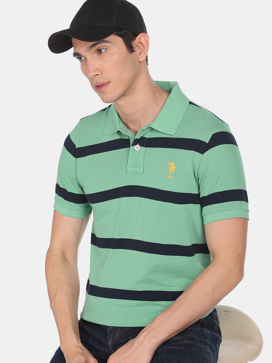 Buy U S Polo Assn Men Green & Navy Blue Striped Polo Collar T Shirt Tshirts for Men 16927142