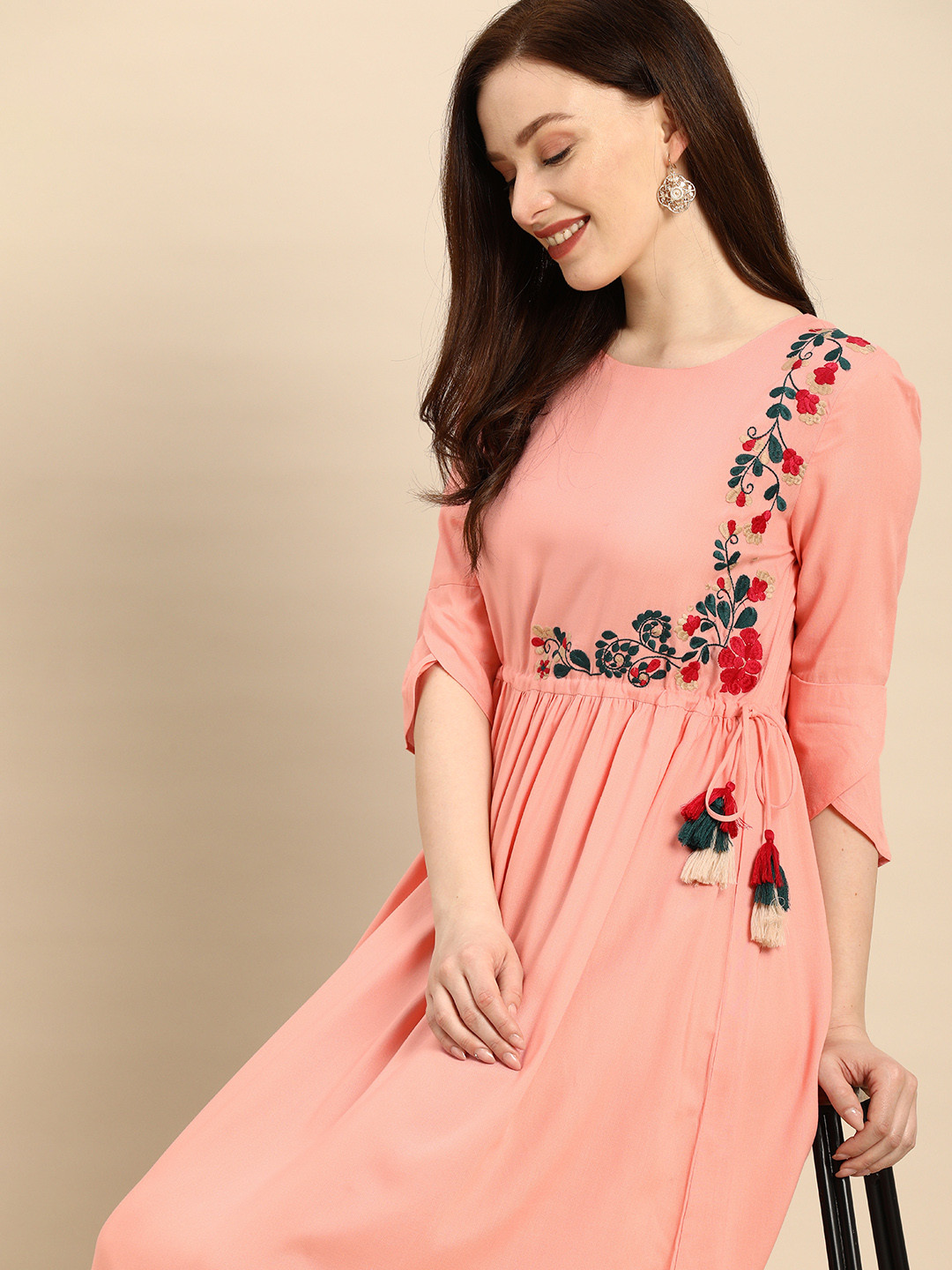Buy All About You Peach Pink Floral Embroidered Midi Dress Dresses