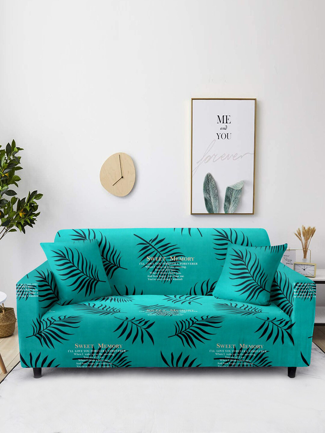Buy Cortina Turquoise Blue Printed 3 Seater Super Stretchable Non Slip