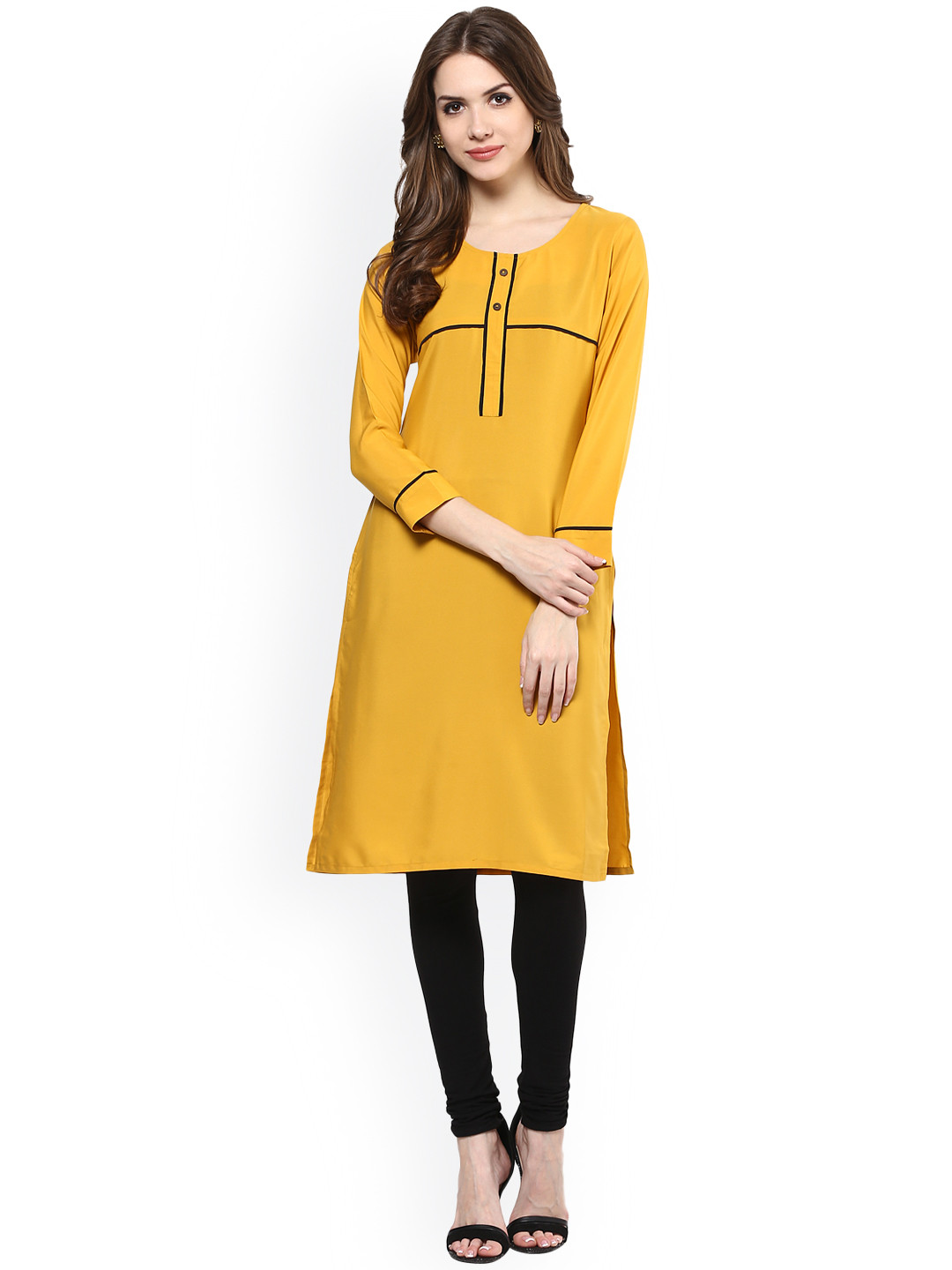 Buy Ives Women Mustard Yellow Solid Crepe Straight Kurta Kurtas for Women 1694117 Myntra