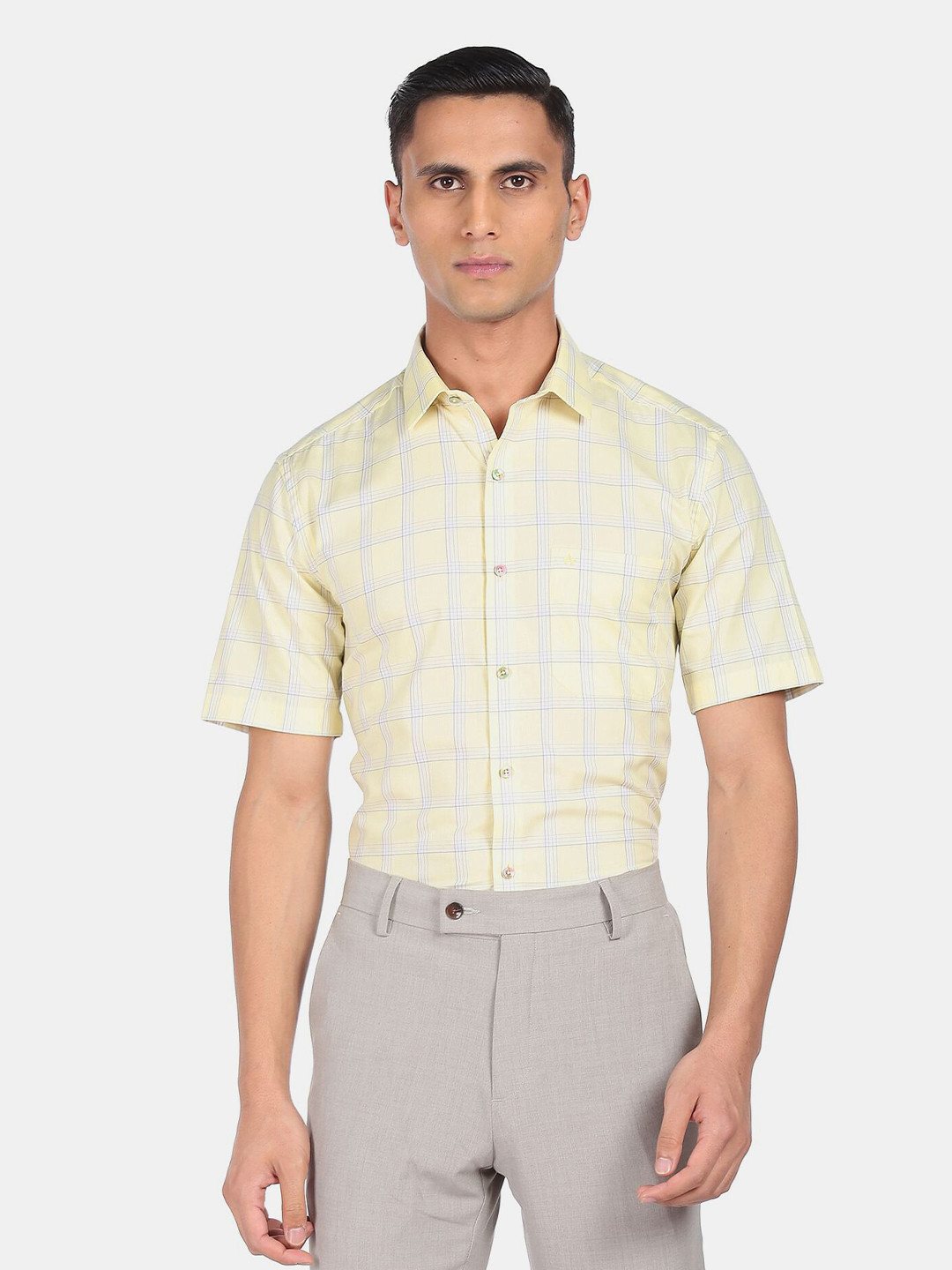 Men's Yellow Windowpane Checks Cuban Collar Relaxed Fit Shirt