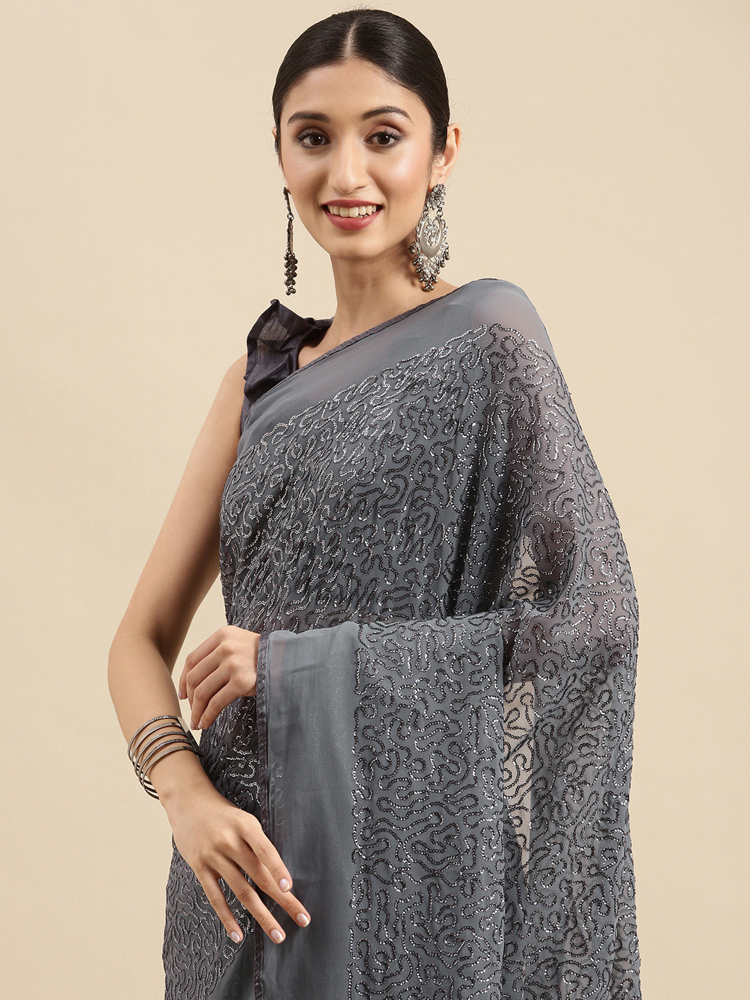 Buy Anouk Grey Sequinned Embellished Pure Georgette Celebrity Saree ...