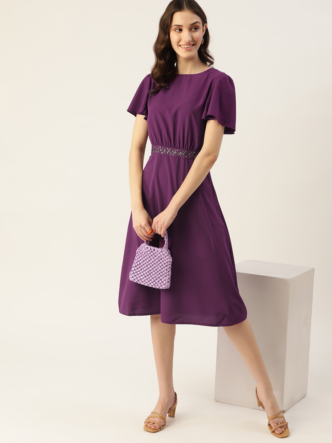 Buy DressBerry Purple Solid Flared Sleeves A Line Dress With Embellished Detail - Dresses for ...