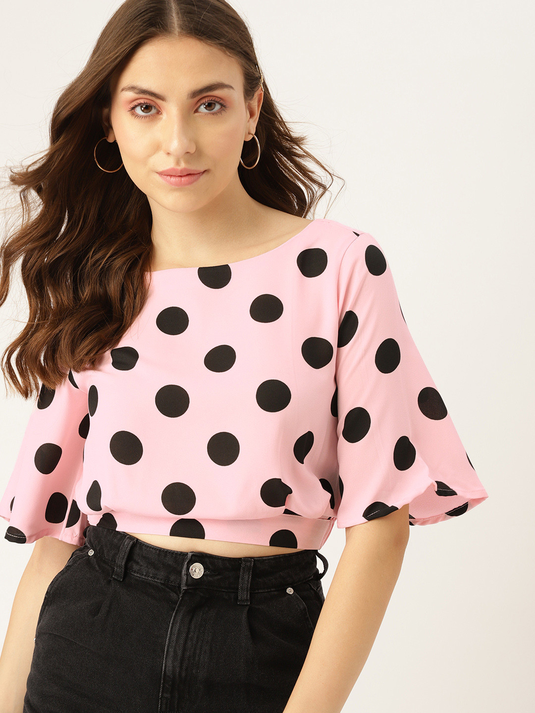 Buy DressBerry Pink & Black Polka Dot Blouson Crop Top Tops for Women