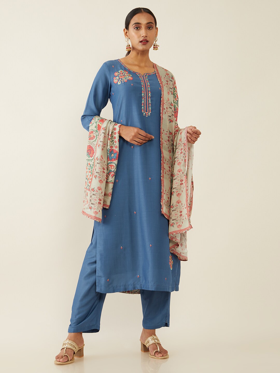 Buy Soch Women Blue Floral Printed Kurta With Trousers & With Dupatta ...