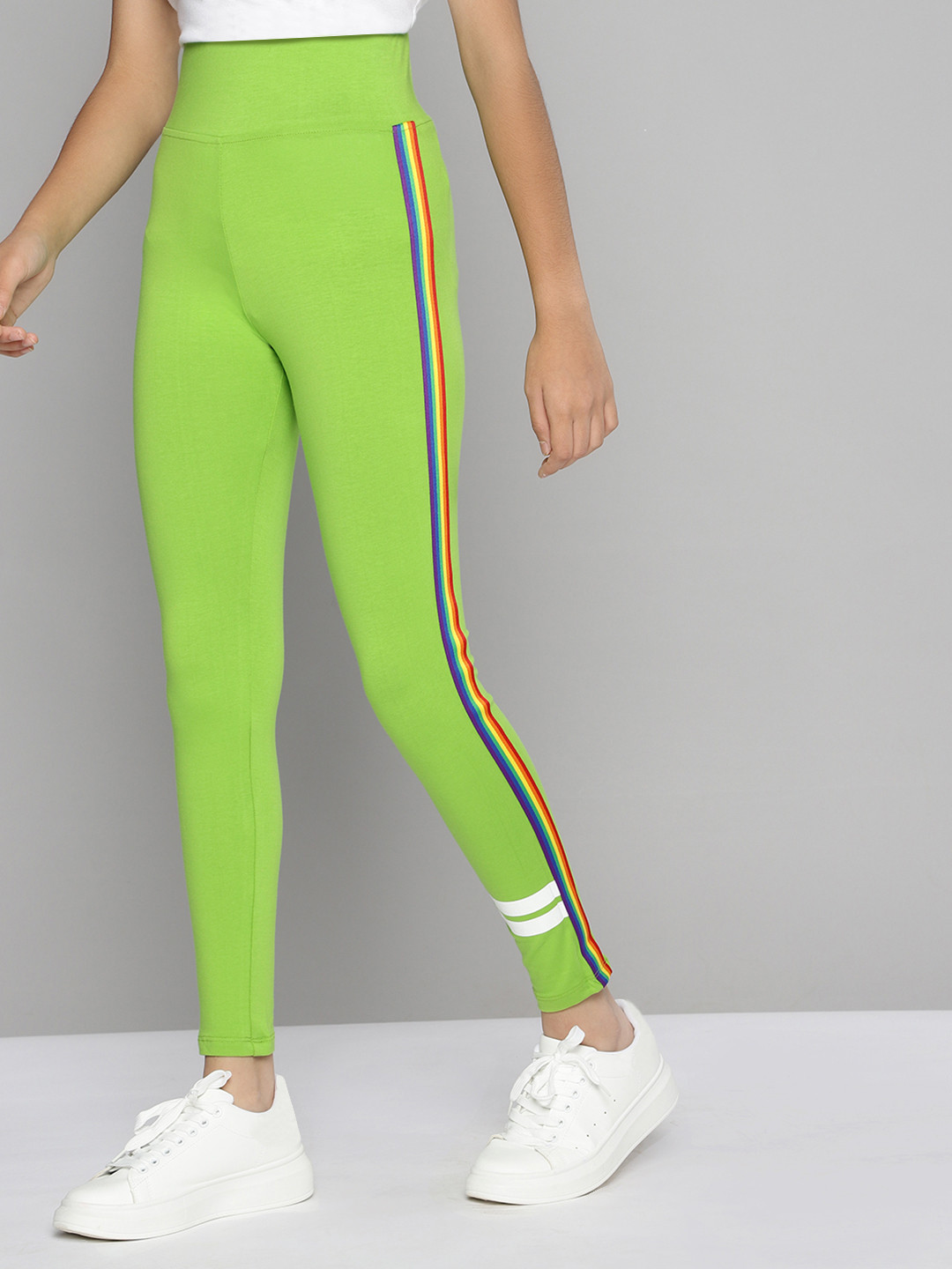 Buy JUSTICE Girls Lime Green Solid Fitted Leggings With Rainbow Side Stripes Leggings for
