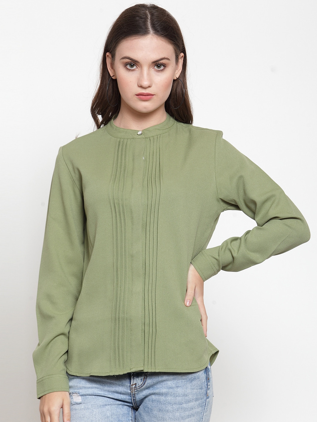 Women's Sea Green Mandarin Collar Crepe Shirt Style Top