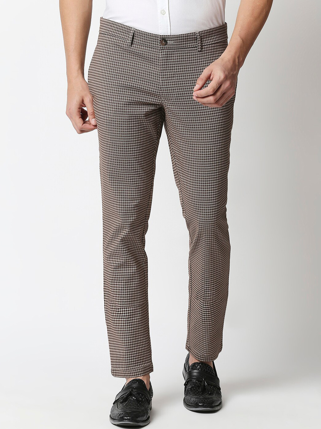 Buy Basics Men Brown Checked Tapered Fit Trousers - Trousers for Men ...