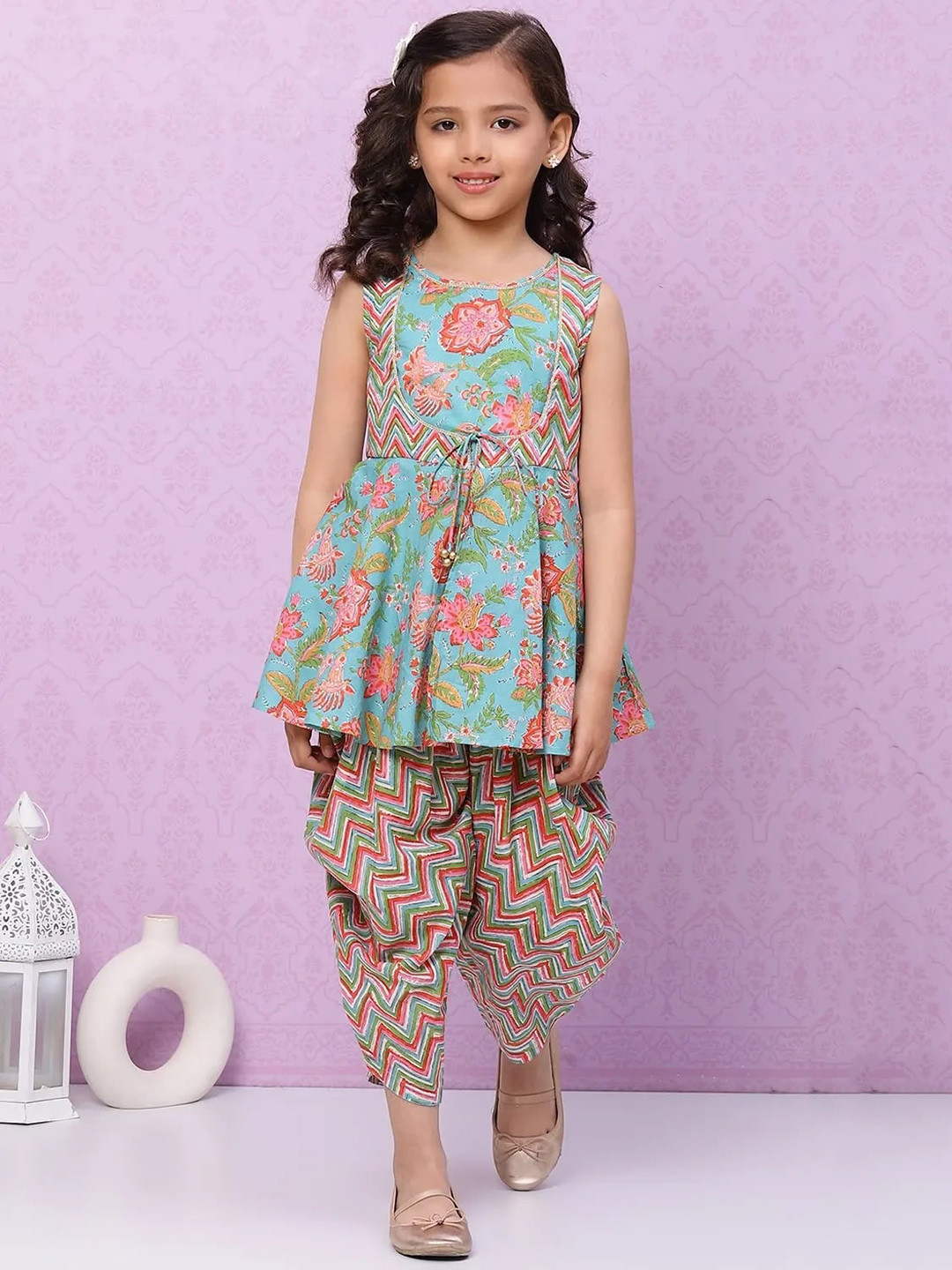 Buy Biba Girls Turquoise Blue Floral Printed Pure Cotton Kurti With