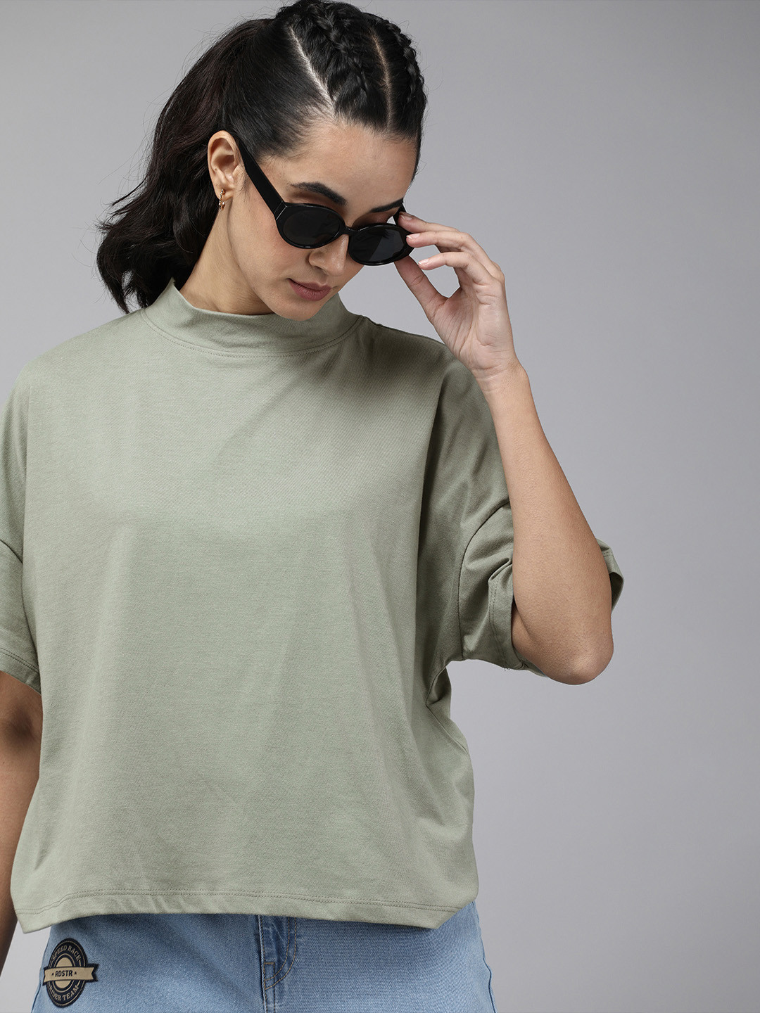 Buy Roadster Women Green High Neck Drop Shoulder Sleeves T Shirt