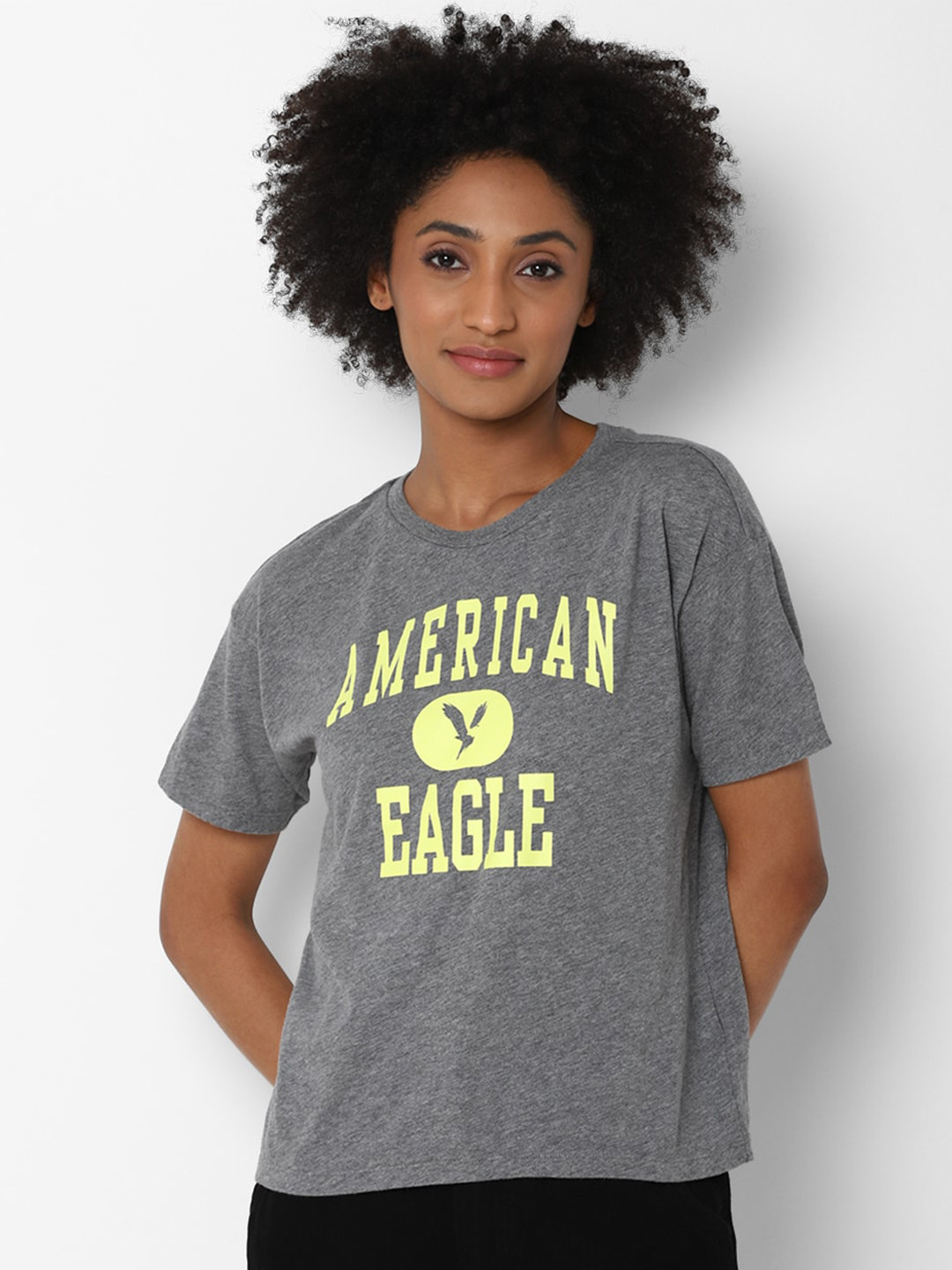 Buy AMERICAN EAGLE OUTFITTERS Women Grey & Yellow Typography Printed