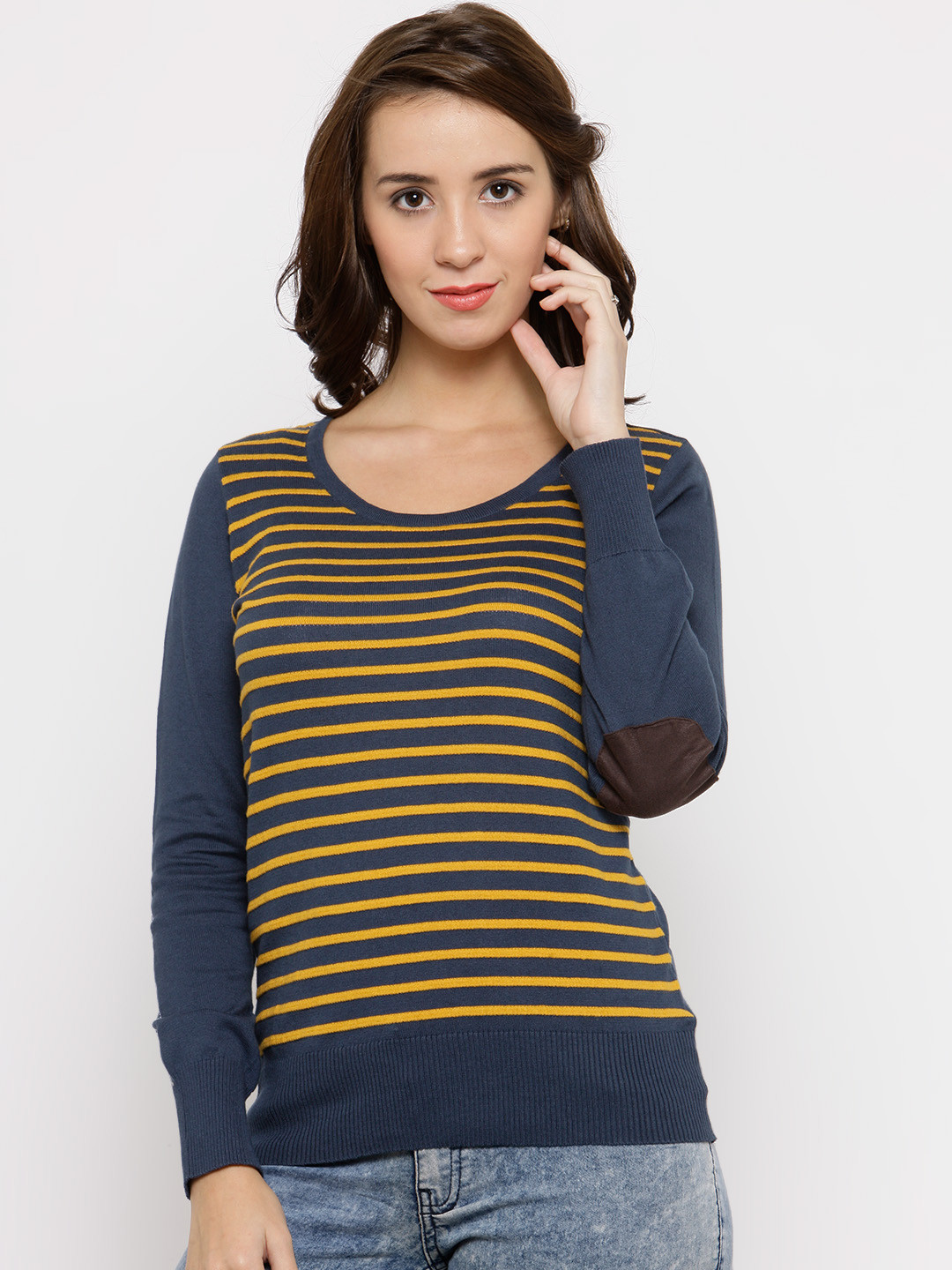 Buy Wills Lifestyle Women Teal Blue & Mustard Yellow Striped Fitted Top