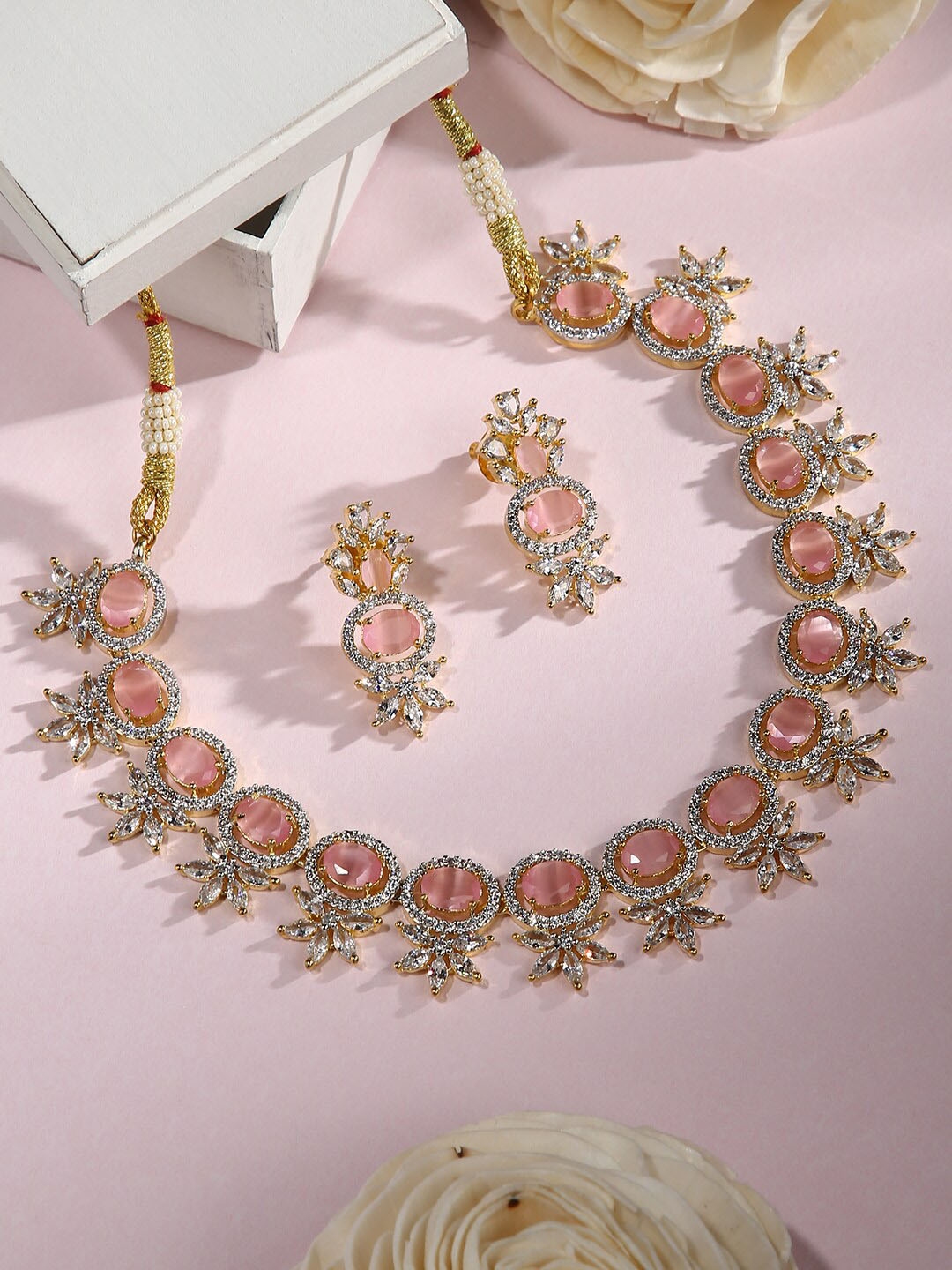 Buy Justpeachy Gold Plated Pink White Stone Studded Jewellery Set Jewellery Set For Women