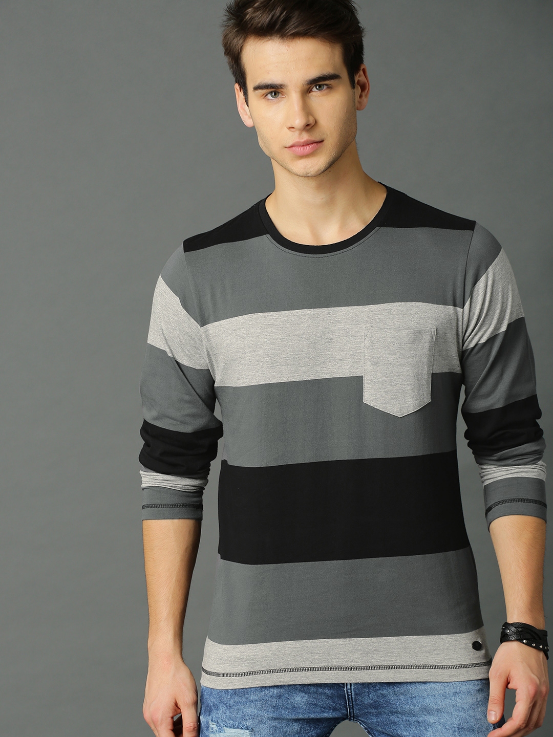 Buy Roadster Men Grey Melange Black Striped Round Neck Pure Cotton T Shirt Tshirts For Men 