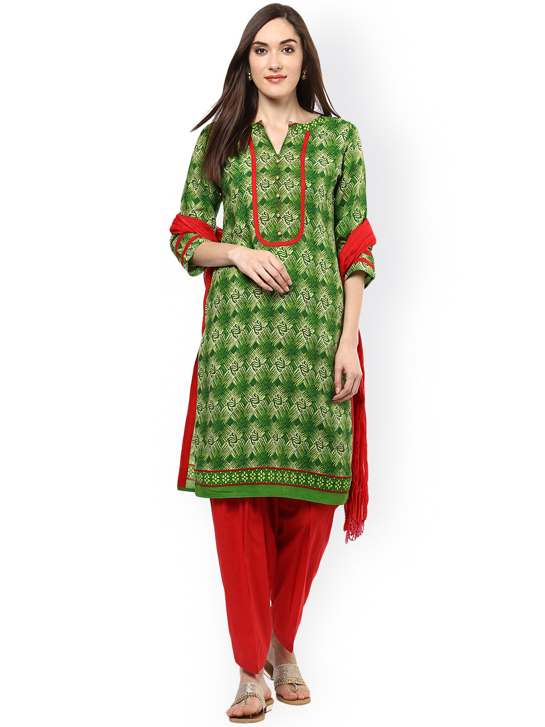 Buy Jaipur Kurti Green & Red Printed Salwar Suit With Dupatta - Kurta Sets for Women 1697784 