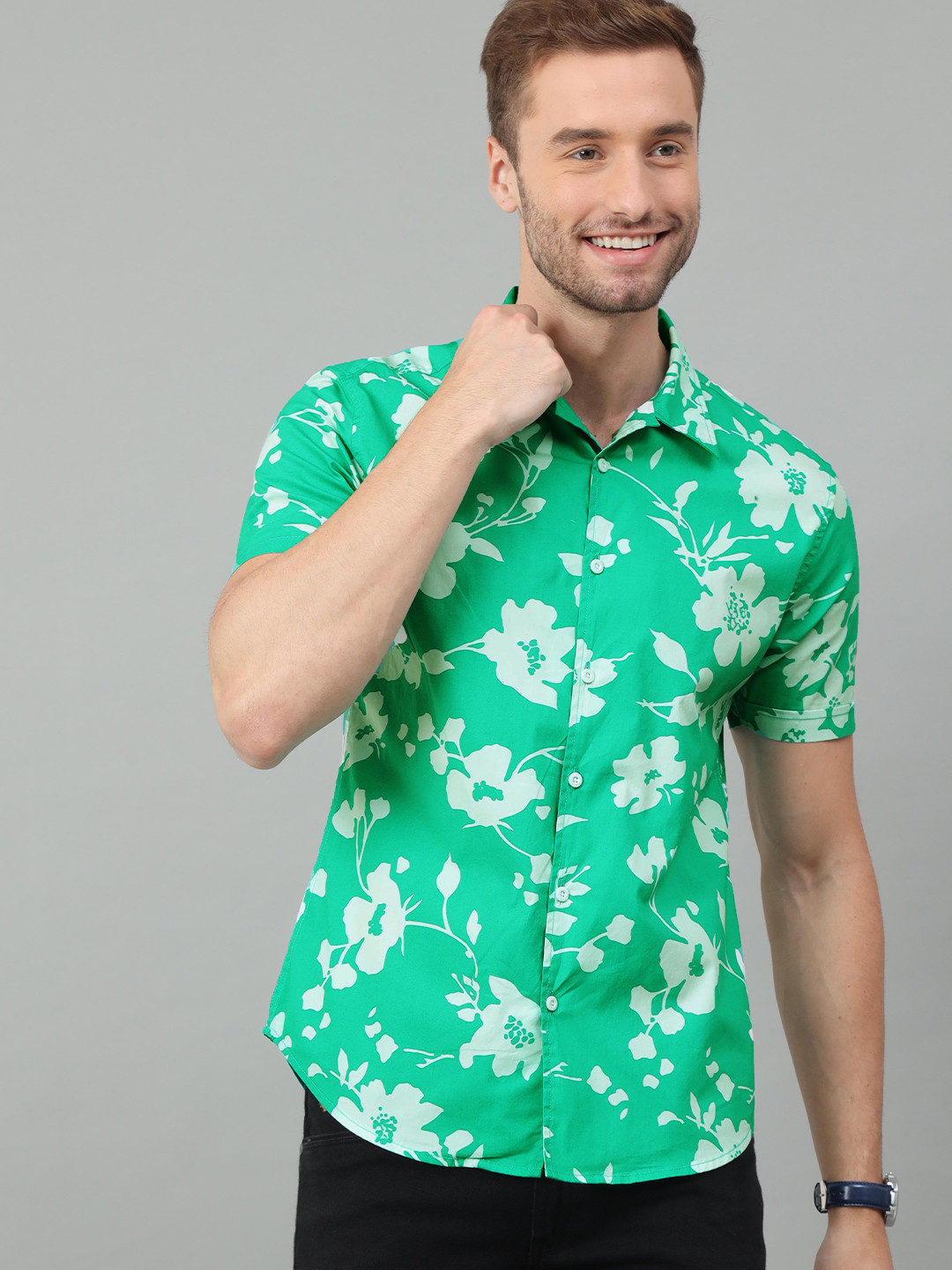 Buy HERE&NOW Men Green & White Floral Printed Slim Fit Casual Shirt