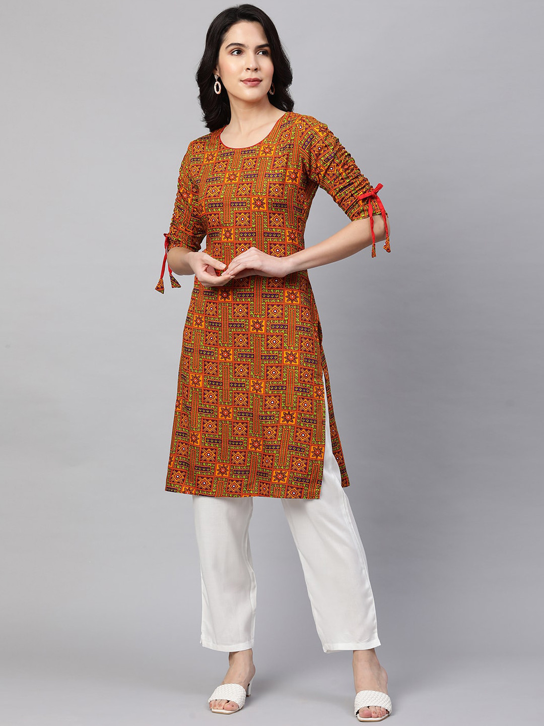 Buy FASHOR Women Mustard Yellow Embroidered Layered Kurti With Trousers