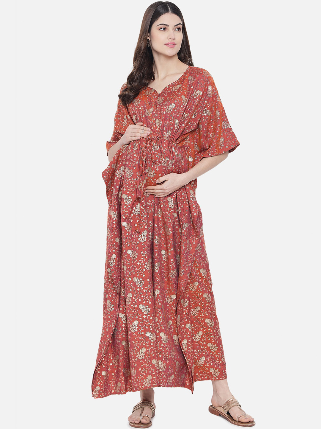 Buy Aujjessa Rust Floral Printed Maternity Kaftan Dresses for Women