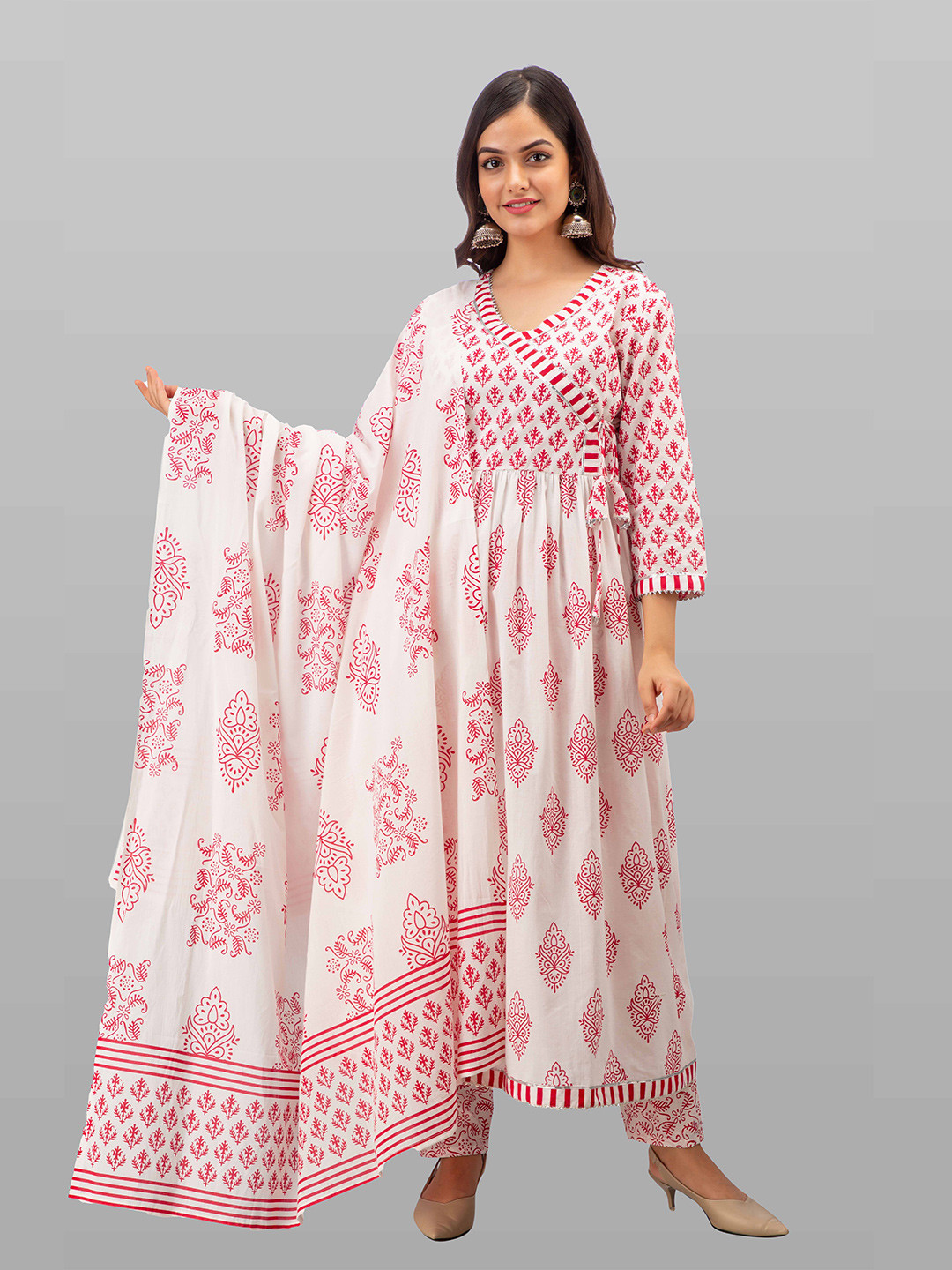 Off White Printed Gotta Patti Pure Cotton Anarkali Kurta With Trousers & Dupatta