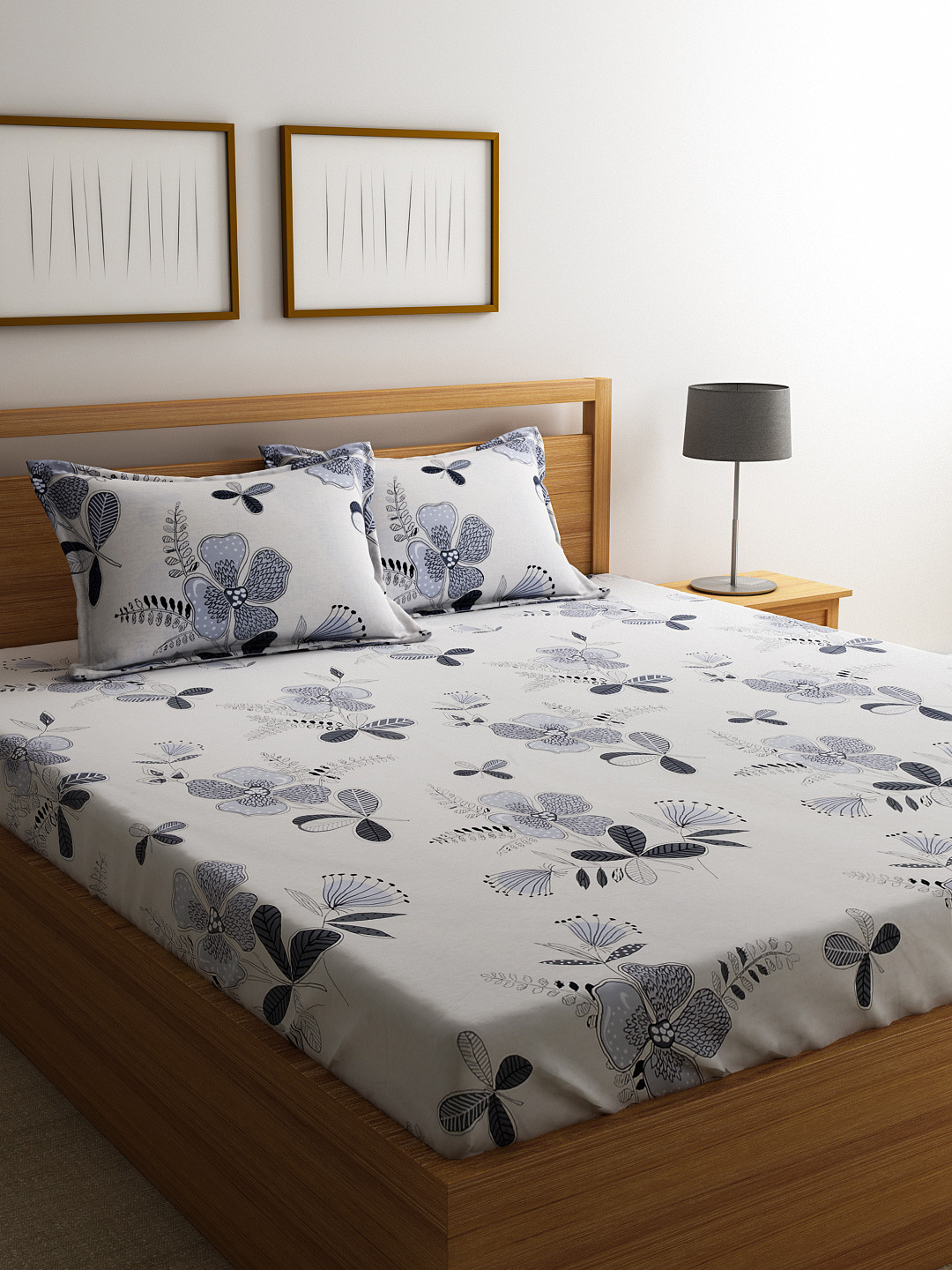 Buy Raymond Home Grey Cotton 200 TC Double Bedsheet With 2 Pillow