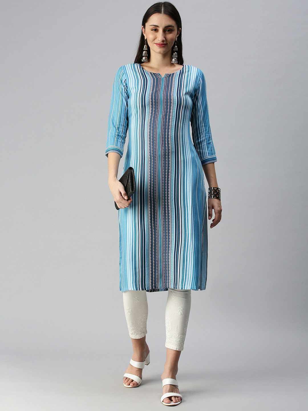 Women Blue & Off-White Striped Straight Kurta With Round Neck & Three Quarters Sleeves