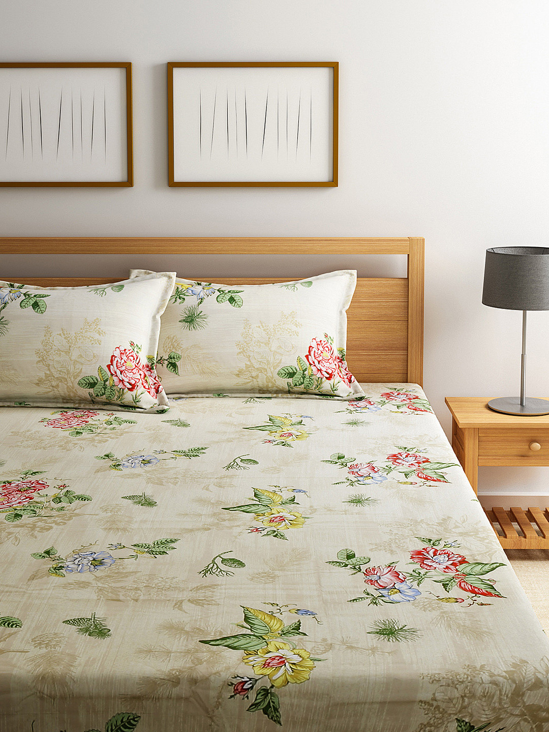 Buy Raymond Home Beige & Green Printed Double Bedsheet With 2 Pillow