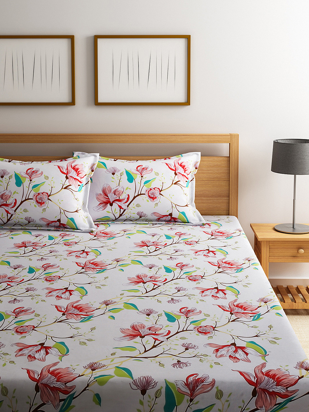 Buy Raymond Home White & Red Printed Double Bedsheet With 2 Pillow