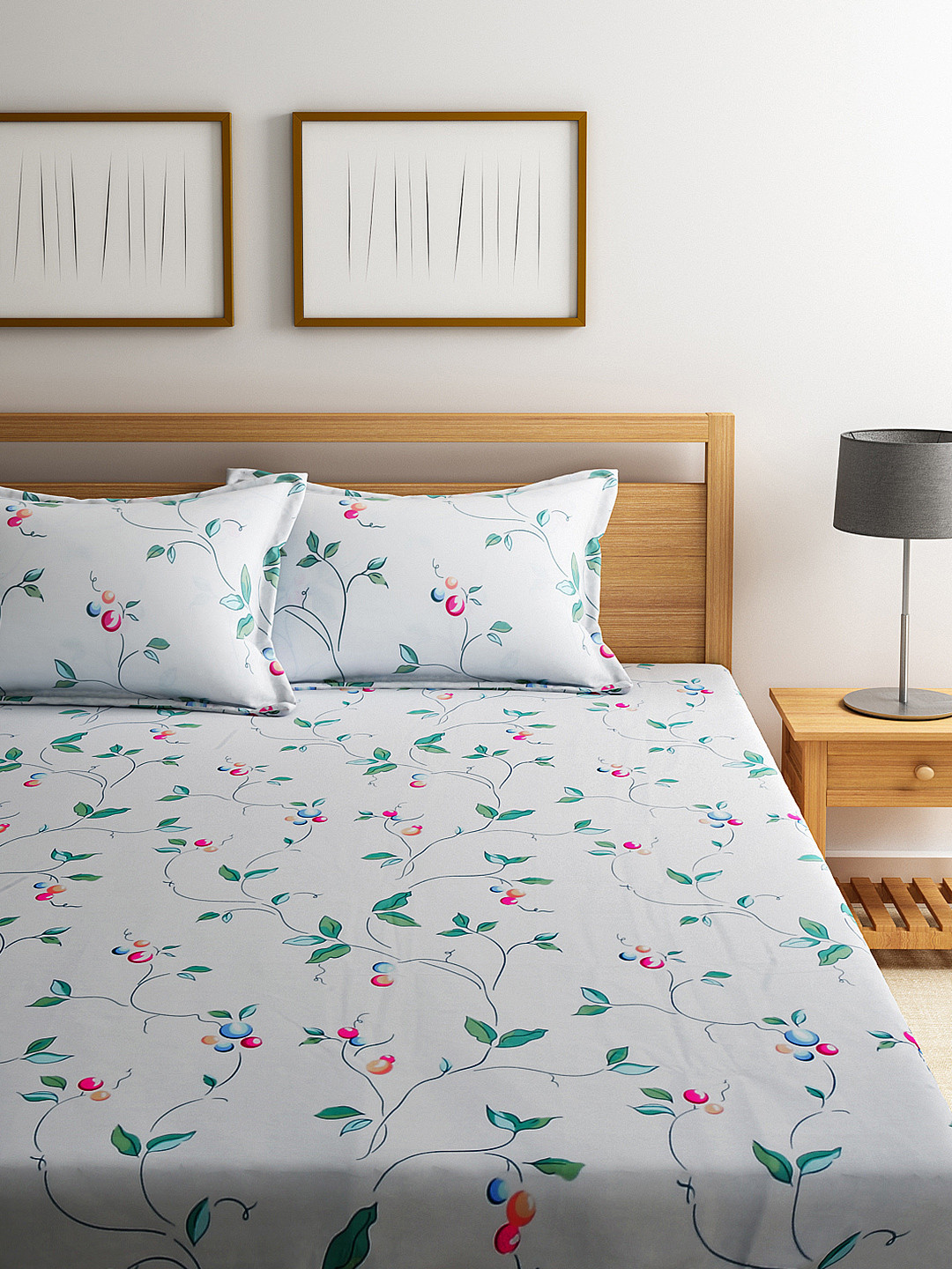 Buy Raymond Home White & Green Printed Double Bedsheet With 2 Pillow Covers Bedsheets for