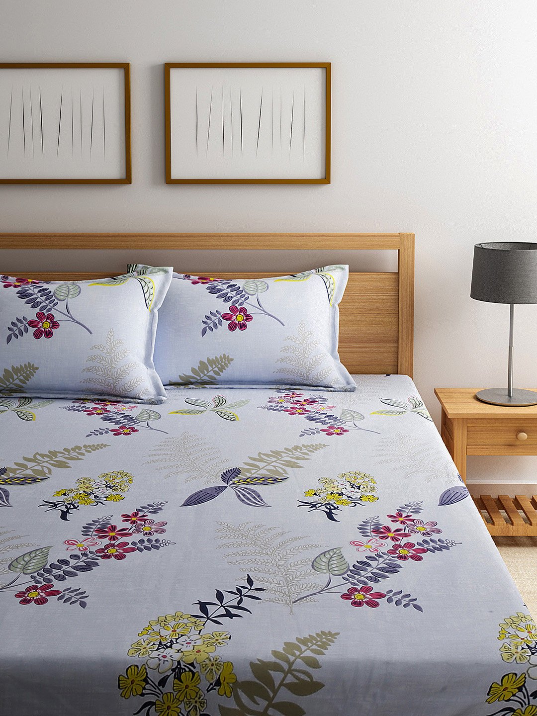 Buy Raymond Home White & Yellow Printed Double Bedsheet With 2 Pillow