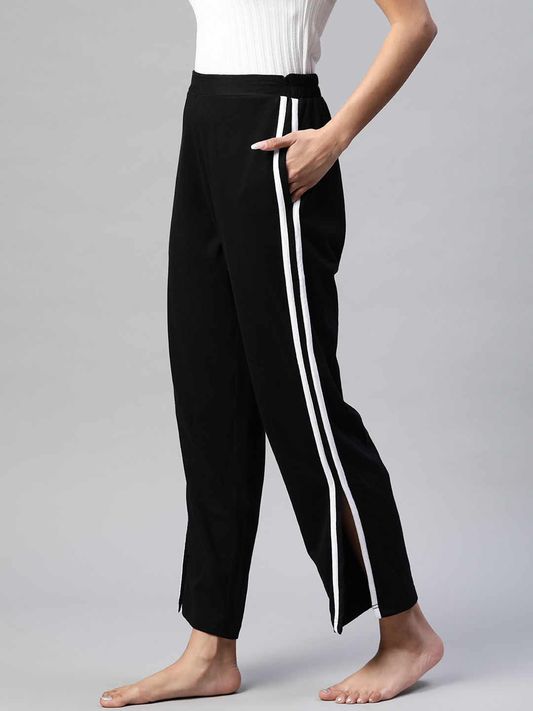 Buy PlusS Women Black Solid Track Pants With Side Slits Track Pants