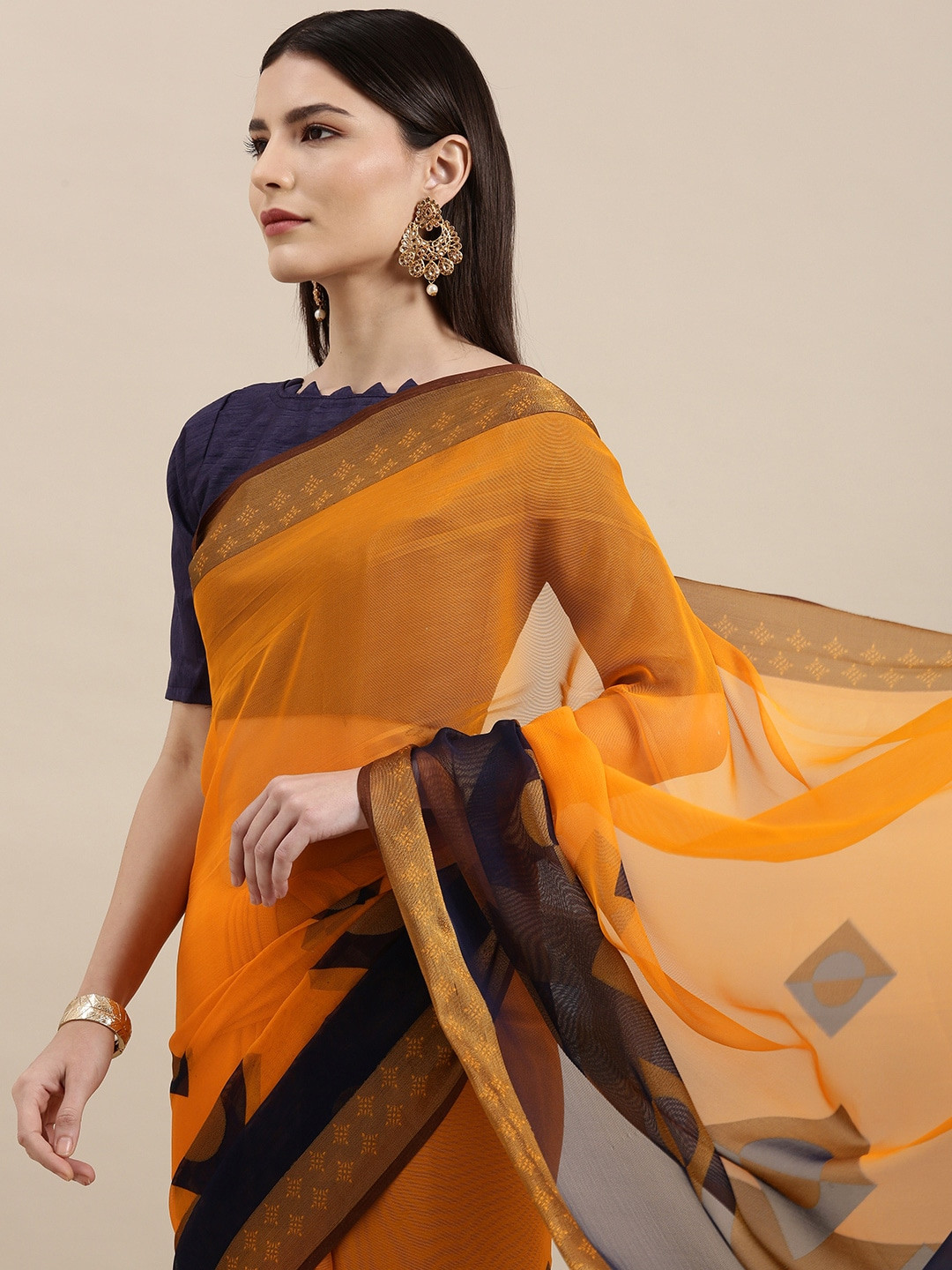 Buy KALINI Mustard Yellow & Navy Blue Brasso Printed Saree Sarees for